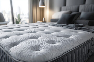 High-Quality Orthopedic Mattress in Modern Bedroom with Stylish Details and Cozy Atmosphere, Quality Sleep, Recovery, Selective focus
