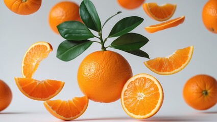Fruits and slices of orange levitating in mid-air against a white background.