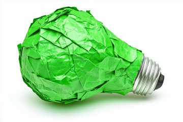 Green Lightbulb Made of Crumpled Paper, Eco-Friendly Innovation, Technologies, Eco Protest, copy space, Isolated