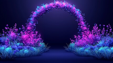 Neon floral archway, dark background, backdrop for product display, photogenic - obrazy, fototapety, plakaty