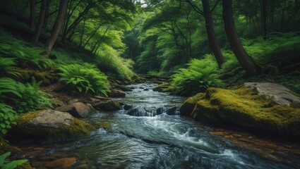 Fototapeta premium A stream in the forest flows beneath the shade. River stream within the forest. Flowing forest river stream. Deep forest river stream.