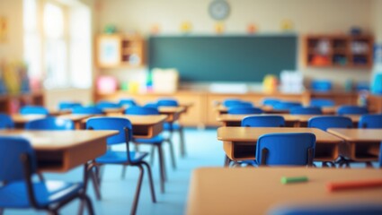 School classroom with a blurred background featuring no young student; A blurry perspective of an elementary classroom absent of children or teachers, showcasing chairs and tables.