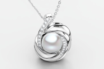 Radiant Silver Necklace with Pearl Medallion, Elegant Jewelry on Gray for Decor, White Gold, Jewelry, Isolated