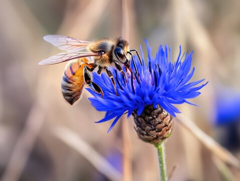 A honeybee collecting nectar on a blue flower. The blurred background of dry wild grass and scattered flowers. The image captures the essential role of bees in pollination and biodiversity. - Powered by Adobe