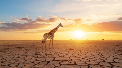 Majestic Giraffe Standing Alone Against Sunset in Dry Landscape