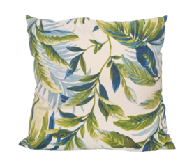 tropical leaf pattern throw pillow isolated on background with clipping path. Green and blue botanical design cushion, square decorative pillow case. Jacquard fabric texture, home decor equipment.