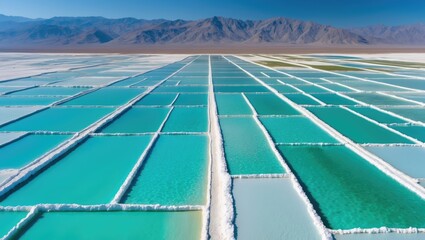 Aerial perspective of lithium fields or evaporation ponds - a surreal, vibrant landscape where batteries are produced.
