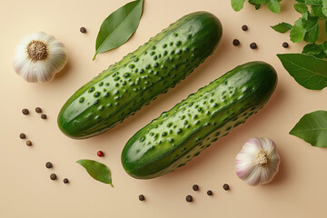 Vibrant Cucumbers, Garlic, Bay Leaves, Pepper on Beige for Culinary Food Photography, Overhead View