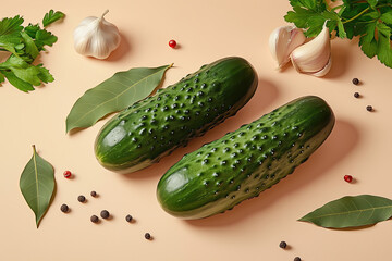Vibrant Cucumbers, Garlic, Bay Leaves, Pepper on Beige for Culinary Food Photography, Overhead View