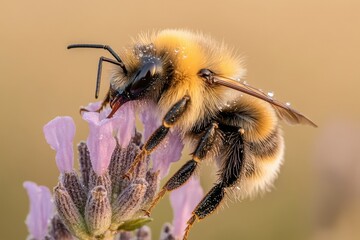 A honeybee collecting nectar on blooming lavender flowers at sunset. Dreamy summer mood. The image captures the essential role of bees in pollination and biodiversity.