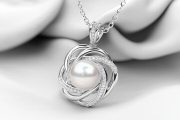 Radiant Silver Necklace with Pearl Medallion, Elegant Jewelry on Gray for Decor, White Gold, Jewelry, Isolated