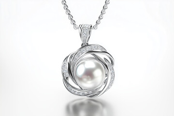 Radiant Silver Necklace with Pearl Medallion, Elegant Jewelry on Gray for Decor, White Gold, Jewelry, Isolated
