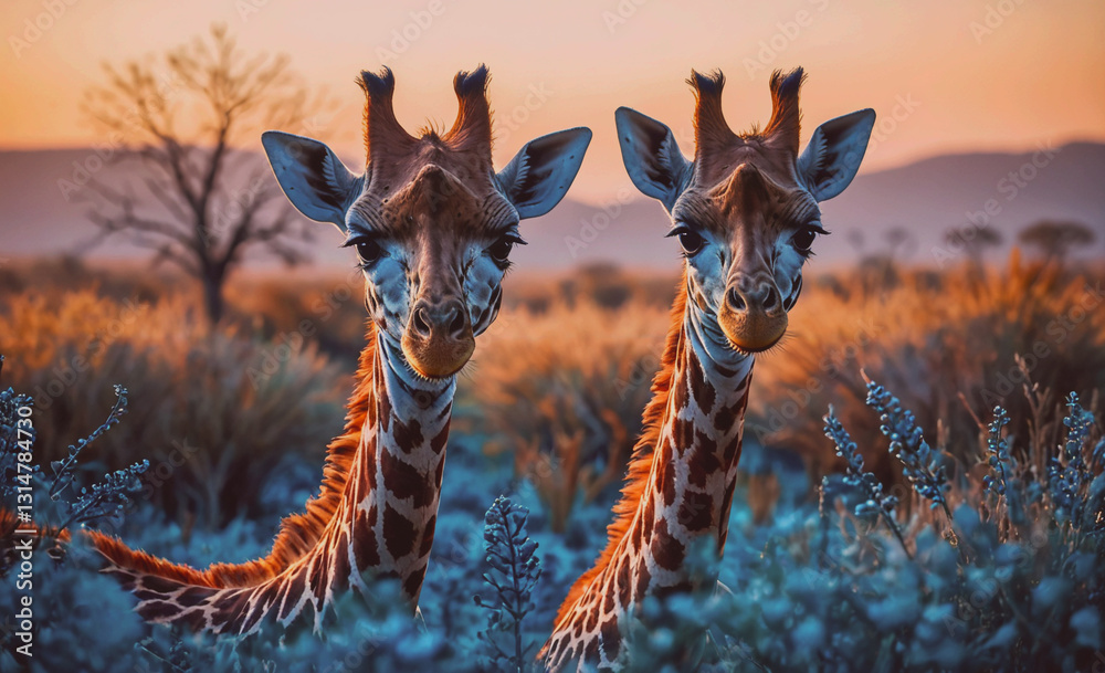 Poster two giraffes are standing in a field of tall grass. the sun is setting, casting a warm glow over the
