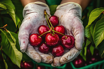 Vibrant Red Cherries in Hands with Gloves, Fresh Farm Harvest on Green for Food Art, Selective focus