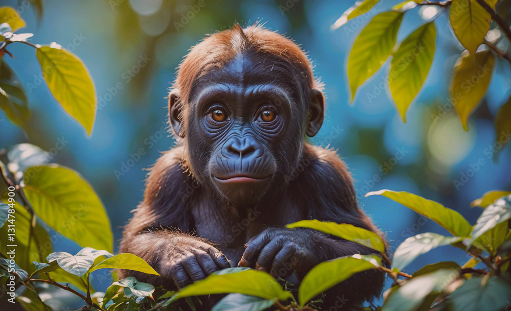 Poster baby monkey is sitting on a leafy branch. the baby is looking at the camera with a curious expressio