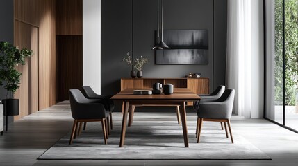 Modern dining room interior, wooden table, gray chairs, abstract art