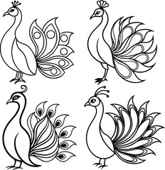 Fototapeta premium Set of abstract peacock with curved feathers line art vector&nbsp;illustration