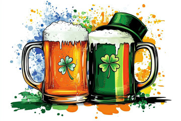 Festive St. Patrick’s Beer Mugs with Irish Flag, Hat, Shamrocks, Rainbow on White Background, Illustration, Art