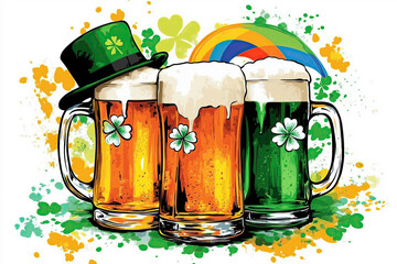 Festive St. Patrick’s Beer Mugs with Irish Flag, Hat, Shamrocks, Rainbow on White Background, Illustration
