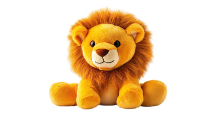 Yellow plush lion toy isolated on white background, a fluffy childhood toy, soft and cuddly, ideal as a baby gift, bringing joy and fun to children's playtime.