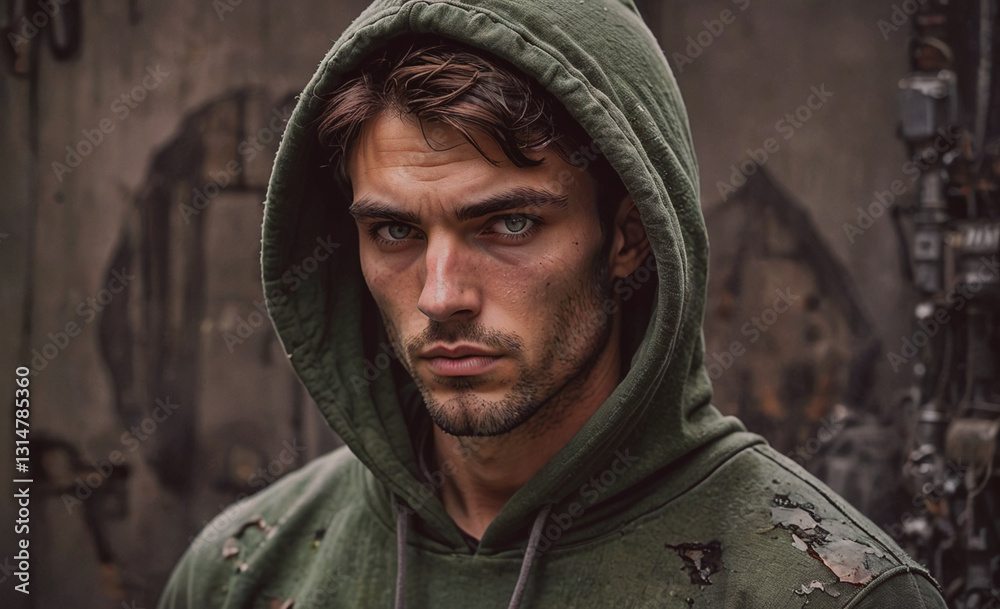 Poster man in a green hoodie is standing in front of a wall. he has a serious expression on his face