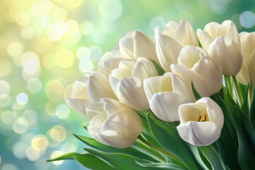 Elegant White Tulips Bouquet on Green Bokeh, Fresh Spring Flowers for Nature Decor, Selective Focus, Bokeh, Copy Space