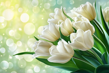 Spring White Tulips Bouquet on Green Bokeh, Symbol of New Beginnings and Fresh Spring Beauty, Selective Focus, Bokeh, Copy Space