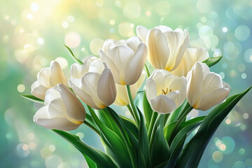 Spring White Tulips Bouquet on Green Bokeh, Symbol of New Beginnings and Fresh Spring Beauty, Selective Focus, Bokeh, Copy Space
