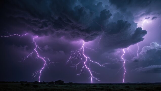 Night sky featuring various lightning in natural colors.
