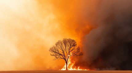 Lonely Tree Surrounded by Raging Wildfire in Fiery Landscape