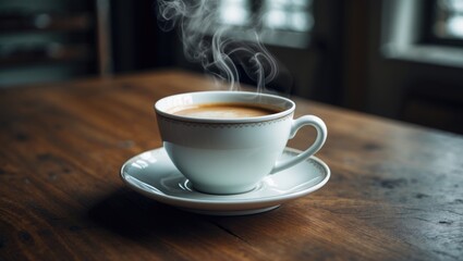 Fototapeta premium A white porcelain coffee cup and saucer are placed on a hardwood table indoors.