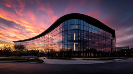 modern corporate office building with curved glass facade