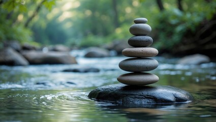 A vertical image of rocks perfectly balanced atop each other in a river within a forest.