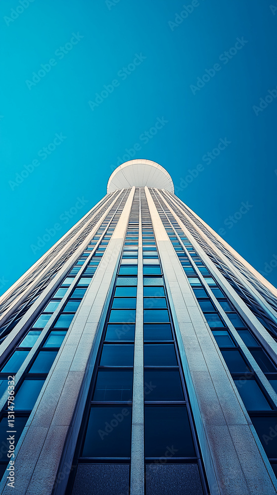 Poster low-angle view of a tall building against a clear blue sky, showcasing its architectural design and 