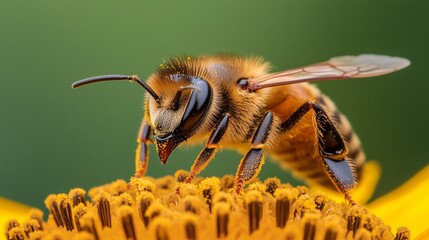 Close-Up of Honey Bee Pollinating Vibrant Yellow Flower Petals