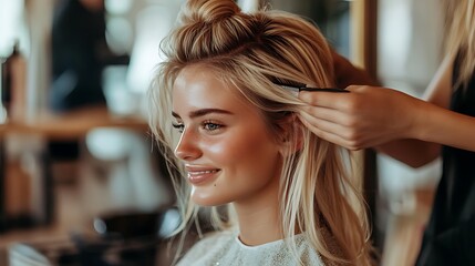 Fototapeta premium Blonde woman getting a hair style at salon