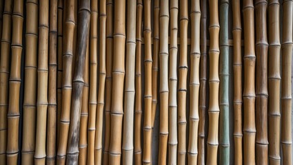 Fototapeta premium Natural brown flat bamboo wood sheets connected as a wall in a full frame view, utilized for background.