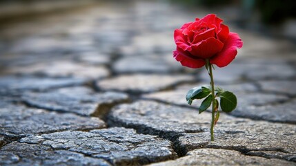 Red Rose Growing Through Cracked Pavement