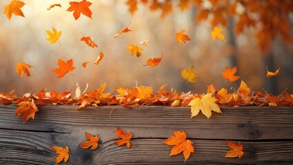 orange autumn leaves and old wooden board, natural background in fall