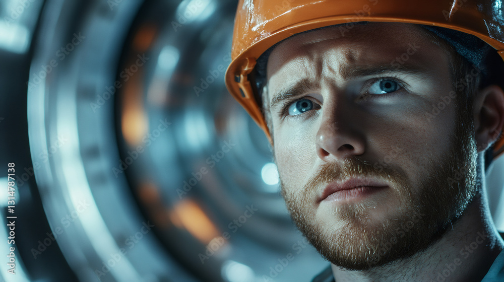 Poster close-up view of an engineer wearing an orange hardhat, focused on tasks in a bustling industrial en