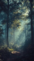 Magical Sunlight Rays in Dense Green Forest Path - Enchanted Nature Scenery with Misty Trees and Tranquil Atmosphere