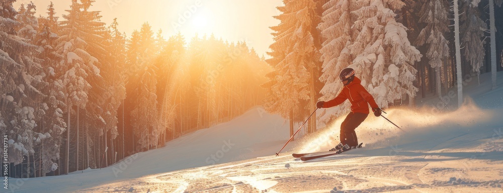 Poster a skier carves through fresh snow on a slope as the sun sets behind tall trees, creating a warm glow