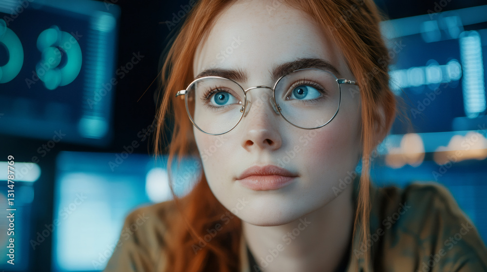 Poster close-up portrait of a young female software developer analyzing data on multiple computer screens i