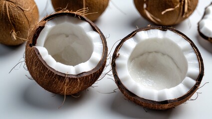 Coconut in isolation. Coconut cut in half on a white background. Collection of coconuts. Full depth of field. Ideal coconut, authentic photo.
