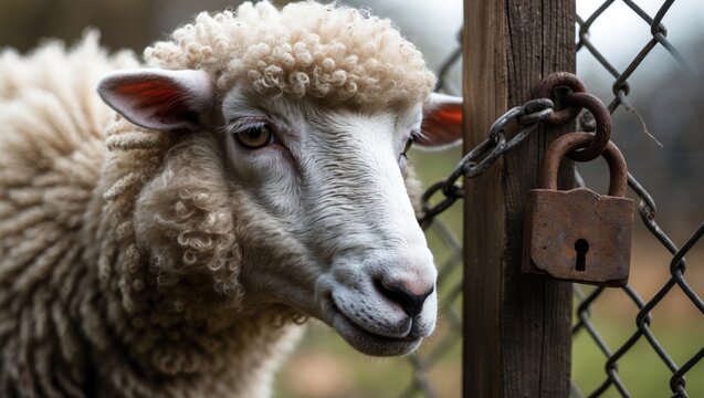 A sheep attempts to open the gate in order to flee the barnyard.