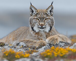 Lynx resting rocky outcrop, tundra flowers