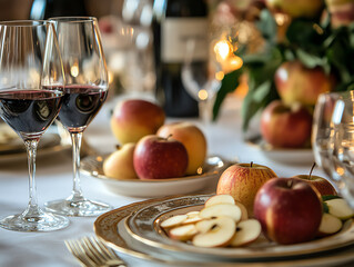 Elegant dining setting with wine and fresh apples on a beautifully arranged table.