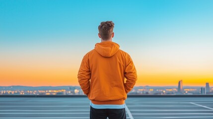 Young Man in Orange Hoodie Staring at City Skyline During Sunset