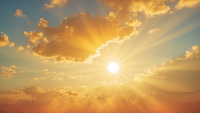 Orange sky featuring the sun and clouds in hot summer weather.