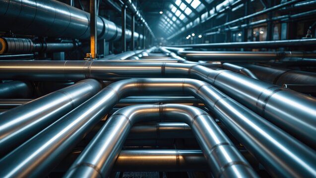 Network of shining steel pipes flows with accuracy. Abstract backdrop